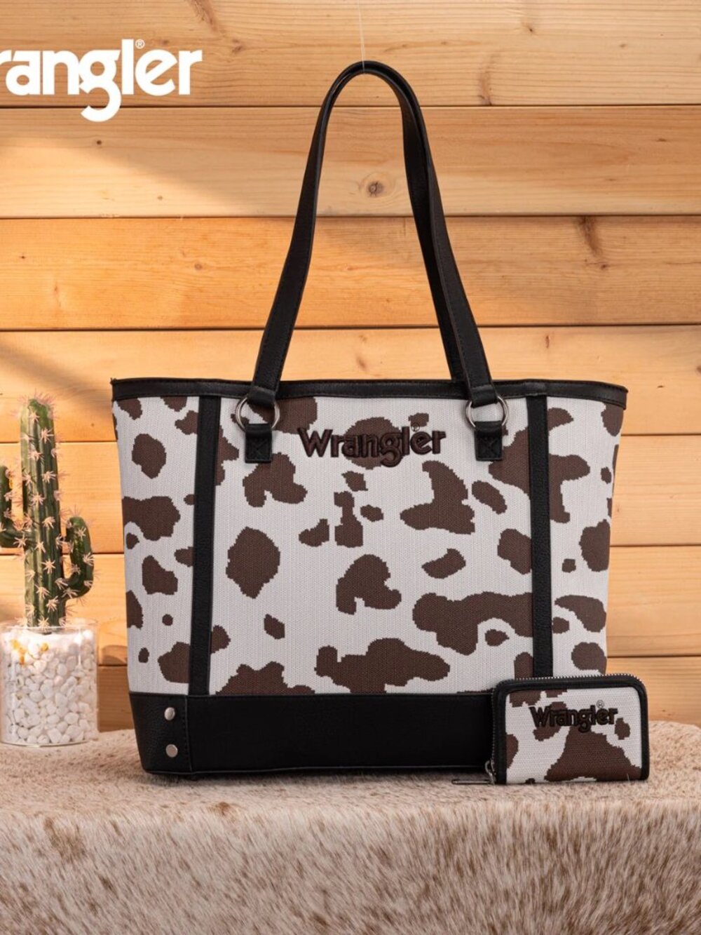 Wrangler Cow Print Tote and Wallet Set Black